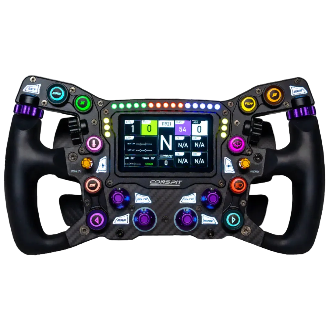 Conspit Max 01 sim wheel front view showing various buttons, dials, a screen, and LED lights