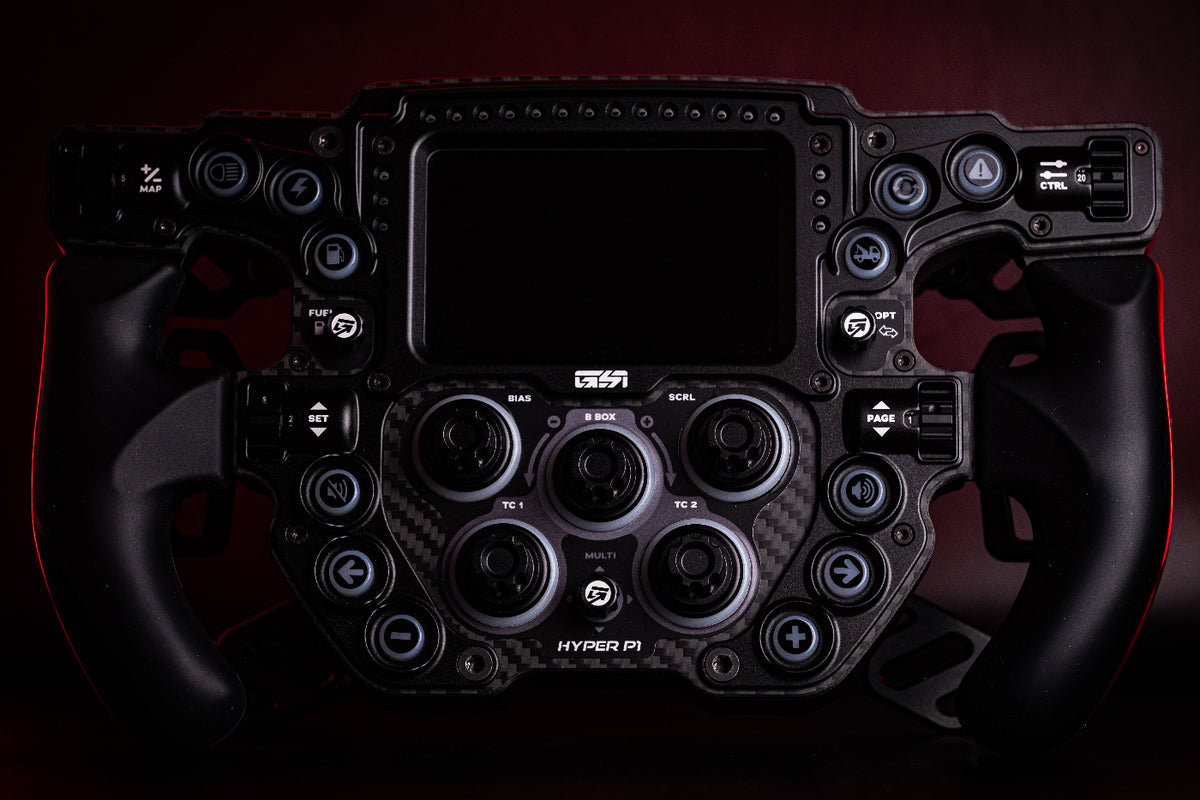 High-tech GSI Hyper P1 steering wheel with various controls and displays on a dark background