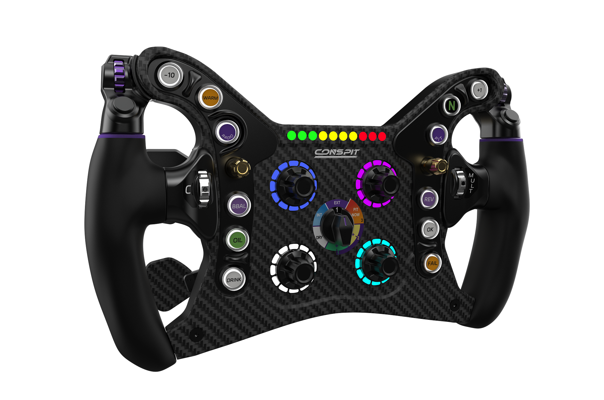 Conspit 280FR formula sim racing wheel, front view with rev lights and rotary rings lit