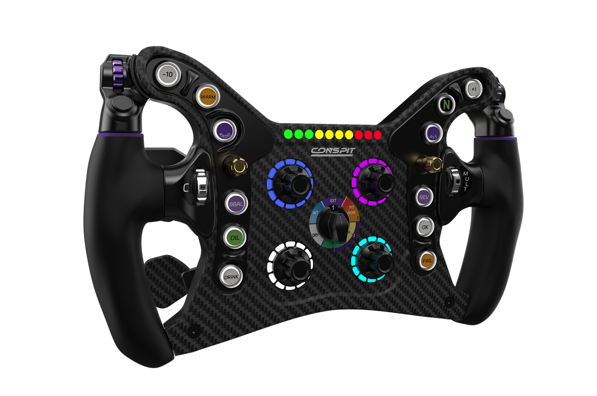 Conspit 280FR formula sim racing wheel, front view with rev lights and rotary rings lit