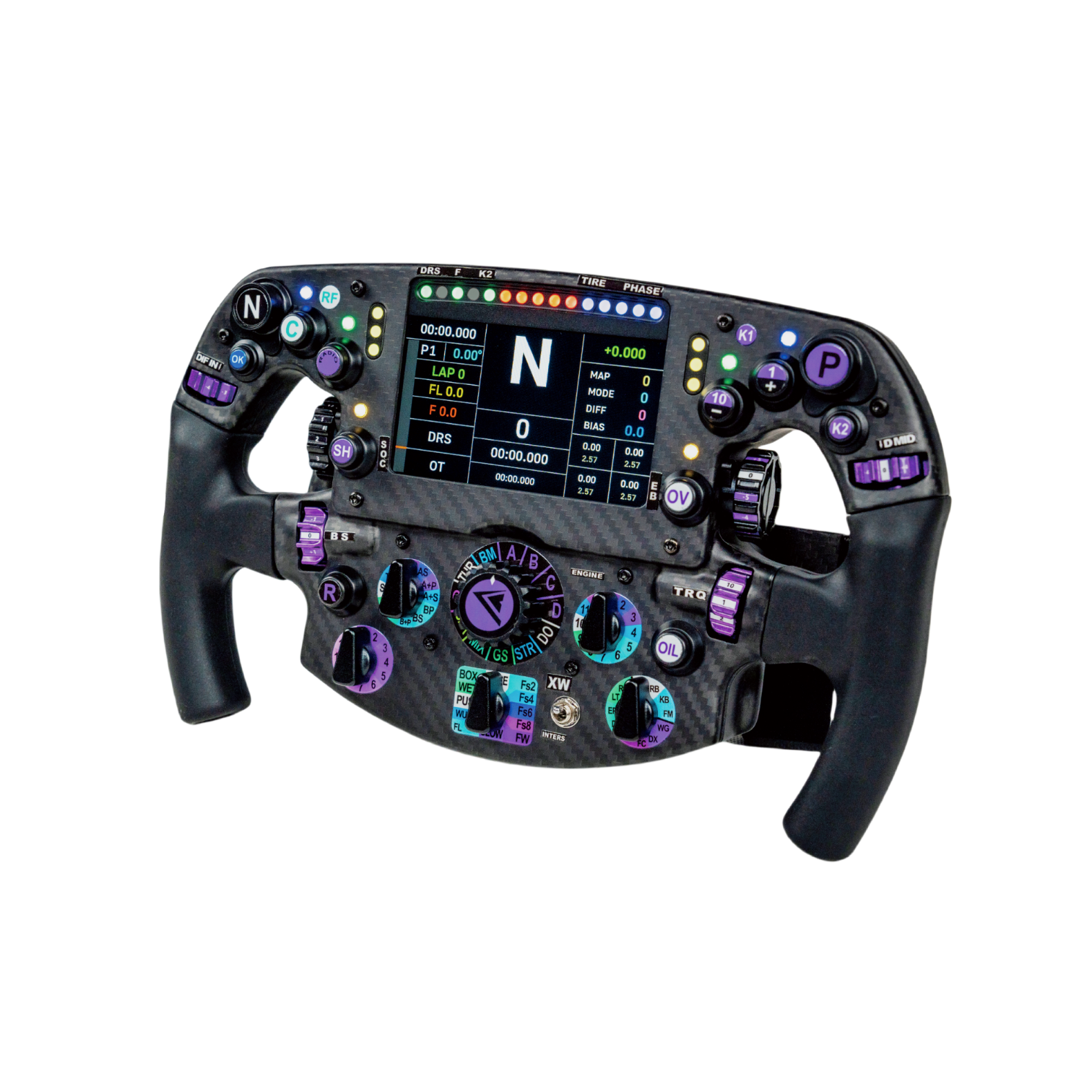 Conspit PW1 formula wheel showing rotary switches and dashboard