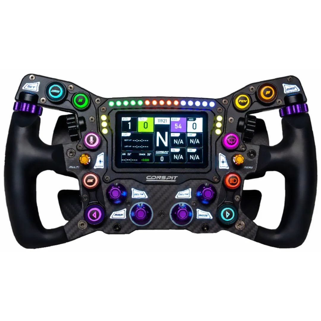 Conspit Max 01 sim wheel front view showing various buttons, dials, a screen, and LED lights