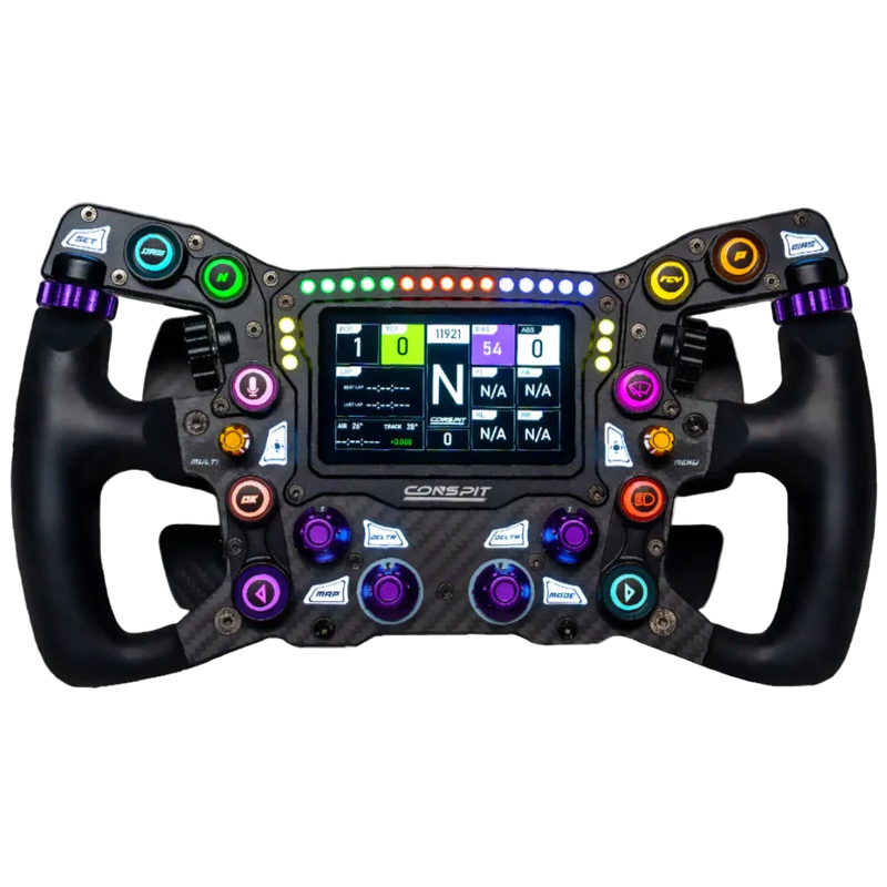 Conspit Max 01 sim wheel front view showing various buttons, dials, a screen, and LED lights