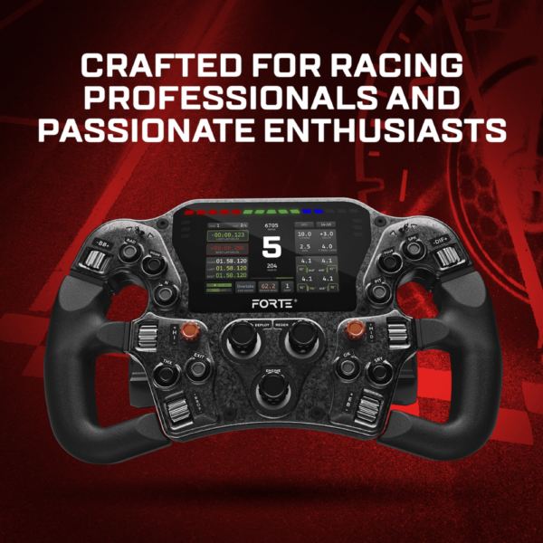 Racing simulator steering wheel with digital display on a red background, featuring the brand 'Forte'. Text reading "Crafted for racing professionals and passionate enthusiasts"