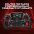 Racing simulator steering wheel with digital display on a red background, featuring the brand 'Forte'. Text reading "Crafted for racing professionals and passionate enthusiasts"