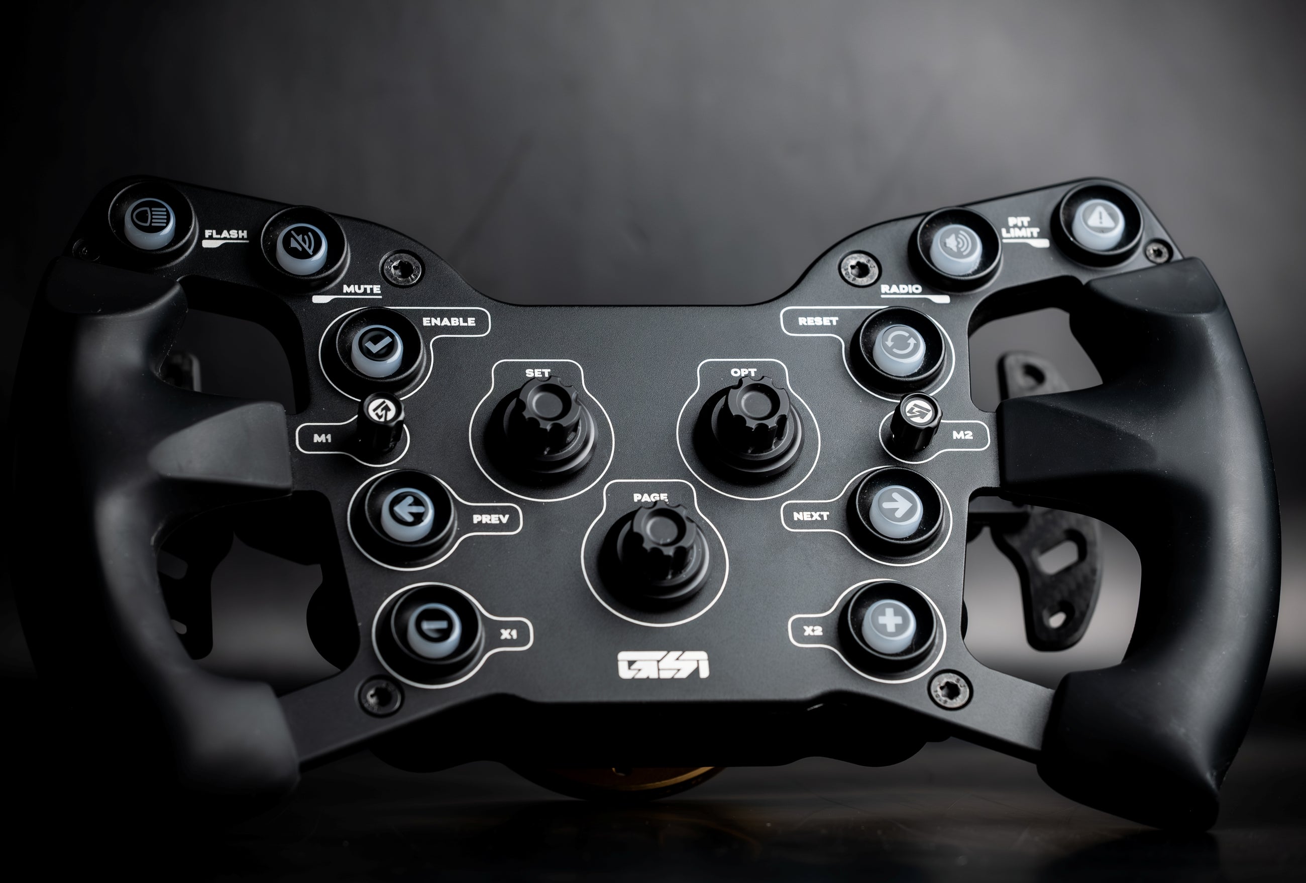 GSI X-29 Black gaming steering wheel controller with buttons on a dark background