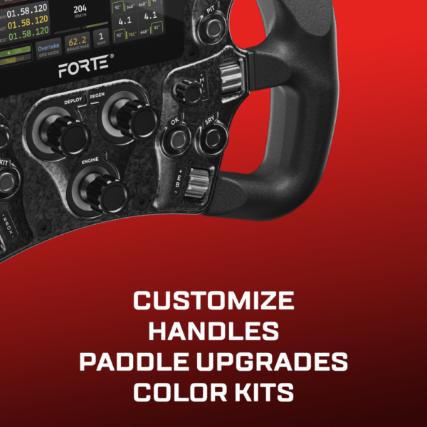Black steering wheel with controls on a red background, featuring the brand 'Forte'.