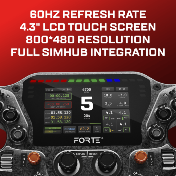 Forte dashboard with 4.3-inch LCD touch screen and text reading "60hz refresh rate, 4.3" LCD touch screen, 800x480 resolution, full simhub integration"