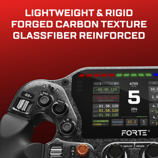 Racing simulator steering wheel with digital display on a red background, featuring the brand 'Forte'. Text reading "lightweight & rigid forged carbon texture glassfiber reinforced"