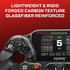 Racing simulator steering wheel with digital display on a red background, featuring the brand 'Forte'. Text reading "lightweight & rigid forged carbon texture glassfiber reinforced"