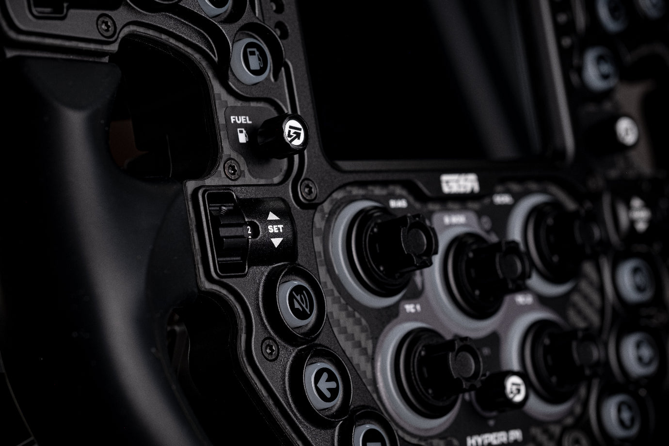 Close-up of a GSI Hyper P1 black front  control panel with various buttons and displays.